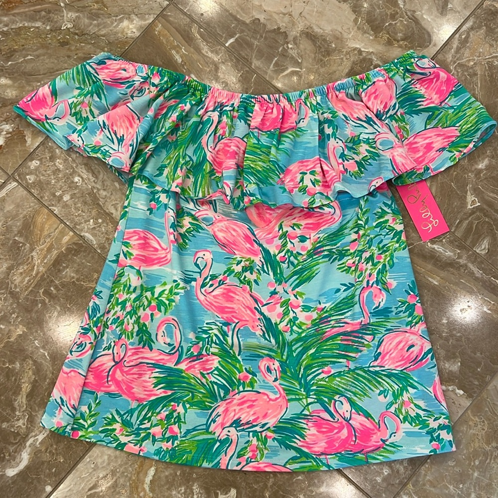 NWT Lilly Pulitzer La Fortuna Off The Shoulder Flamingo Print Ruffle Top Size XS